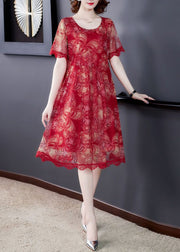 Elegant Red O Neck Print Lace Tulle Dress Summer