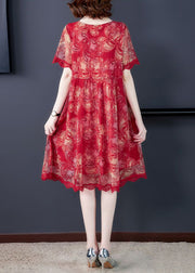 Elegant Red O Neck Print Lace Tulle Dress Summer