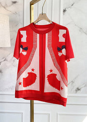 Elegant Red O-Neck Print Silk Patchwork Knit Top Short Sleeve