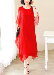 Elegant Red O-Neck Solid Ice Silk Long Dress Flare Sleeve