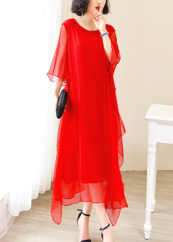 Elegant Red O-Neck Solid Ice Silk Long Dress Flare Sleeve