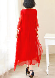 Elegant Red O-Neck Solid Ice Silk Long Dress Flare Sleeve