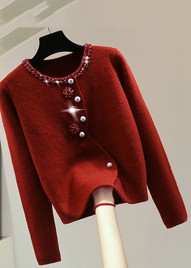 Elegant Red O-Neck Thick Cotton Knit Sweater Winter