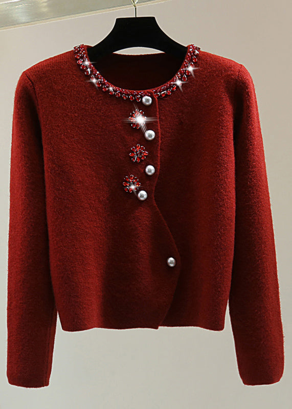 Elegant Red O-Neck Thick Cotton Knit Sweater Winter