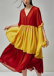 Elegant Red Oversized Patchwork Cotton Maxi Dress Summer