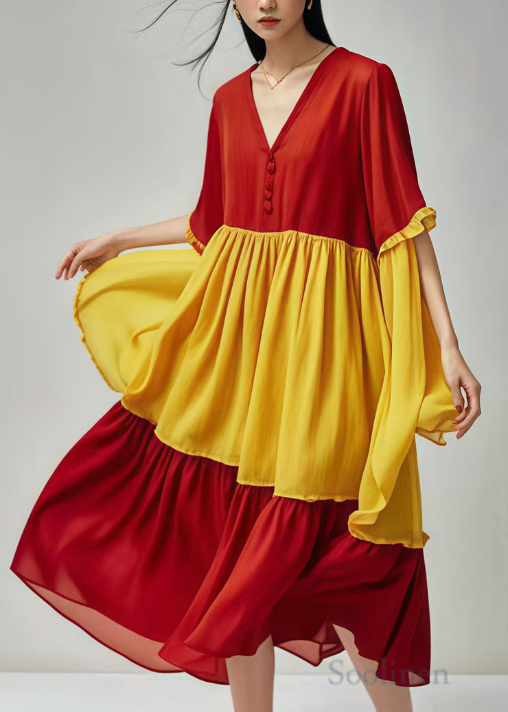 Elegant Red Oversized Patchwork Cotton Maxi Dress Summer