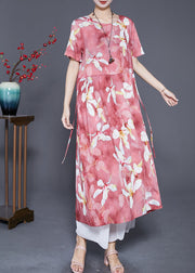 Elegant Red Oversized Print Linen Holiday Dress Summer