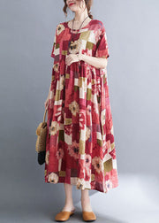 Elegant Red Oversized Print Pockets Cotton A Line Dress Summer