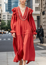 Elegant Red Oversized Ruffles Cotton Maxi Dresses Spring