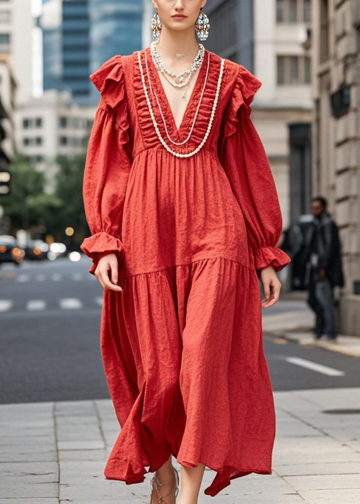 Elegant Red Oversized Ruffles Cotton Maxi Dresses Fall