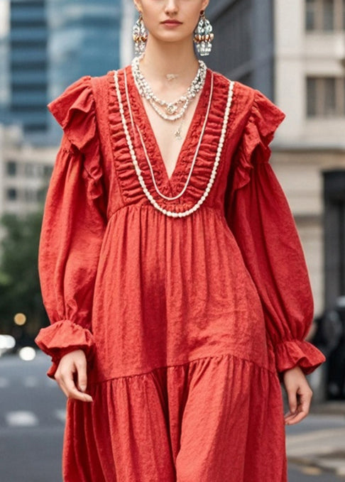 Elegant Red Oversized Ruffles Cotton Maxi Dresses Spring