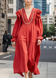 Elegant Red Oversized Ruffles Cotton Maxi Dresses Fall