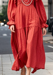 Elegant Red Oversized Ruffles Cotton Maxi Dresses Fall