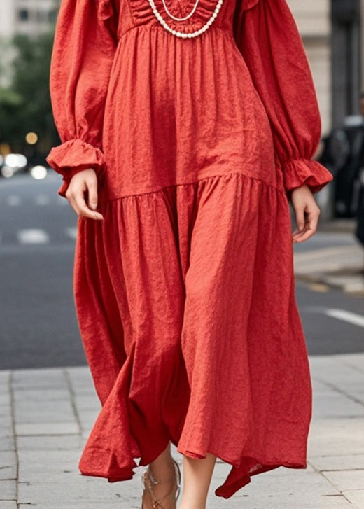 Elegant Red Oversized Ruffles Cotton Maxi Dresses Fall