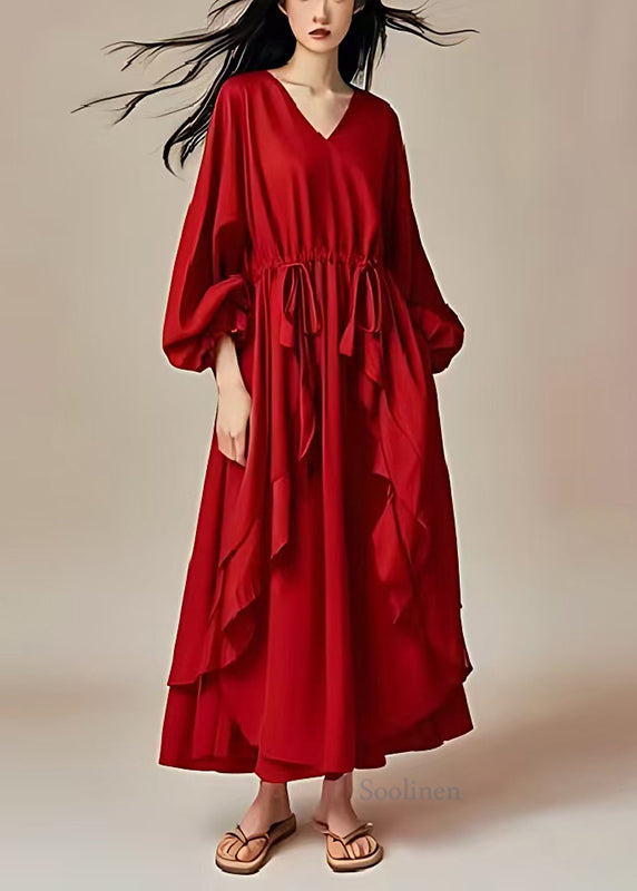 Elegant Red Oversized Ruffles Drawstring Cotton Dresses Lantern Sleeve