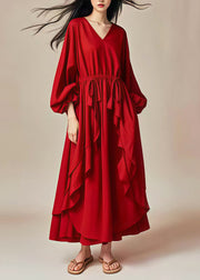 Elegant Red Oversized Ruffles Drawstring Cotton Dresses Lantern Sleeve