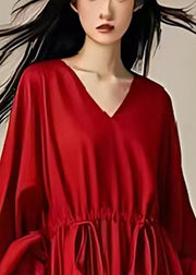 Elegant Red Oversized Ruffles Drawstring Cotton Dresses Lantern Sleeve