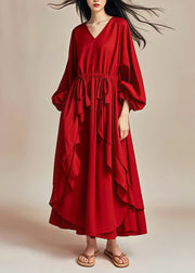 Elegant Red Oversized Ruffles Drawstring Cotton Dresses Lantern Sleeve