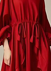 Elegant Red Oversized Ruffles Drawstring Cotton Dresses Lantern Sleeve