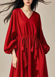 Elegant Red Oversized Ruffles Drawstring Cotton Dresses Lantern Sleeve