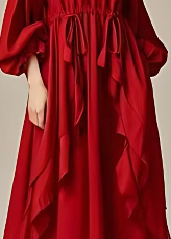 Elegant Red Oversized Ruffles Drawstring Cotton Dresses Lantern Sleeve