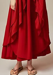 Elegant Red Oversized Ruffles Drawstring Cotton Dresses Lantern Sleeve