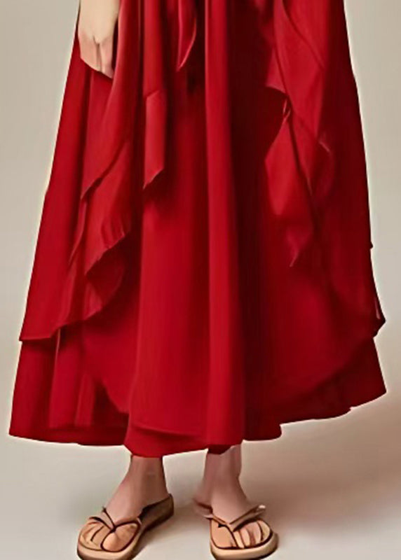 Elegant Red Oversized Ruffles Drawstring Cotton Dresses Lantern Sleeve