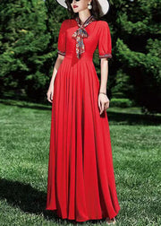 Elegant Red Patchwork Wrinkled Tunic Chiffon Long Dress Summer