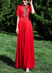 Elegant Red Patchwork Wrinkled Tunic Chiffon Long Dress Summer