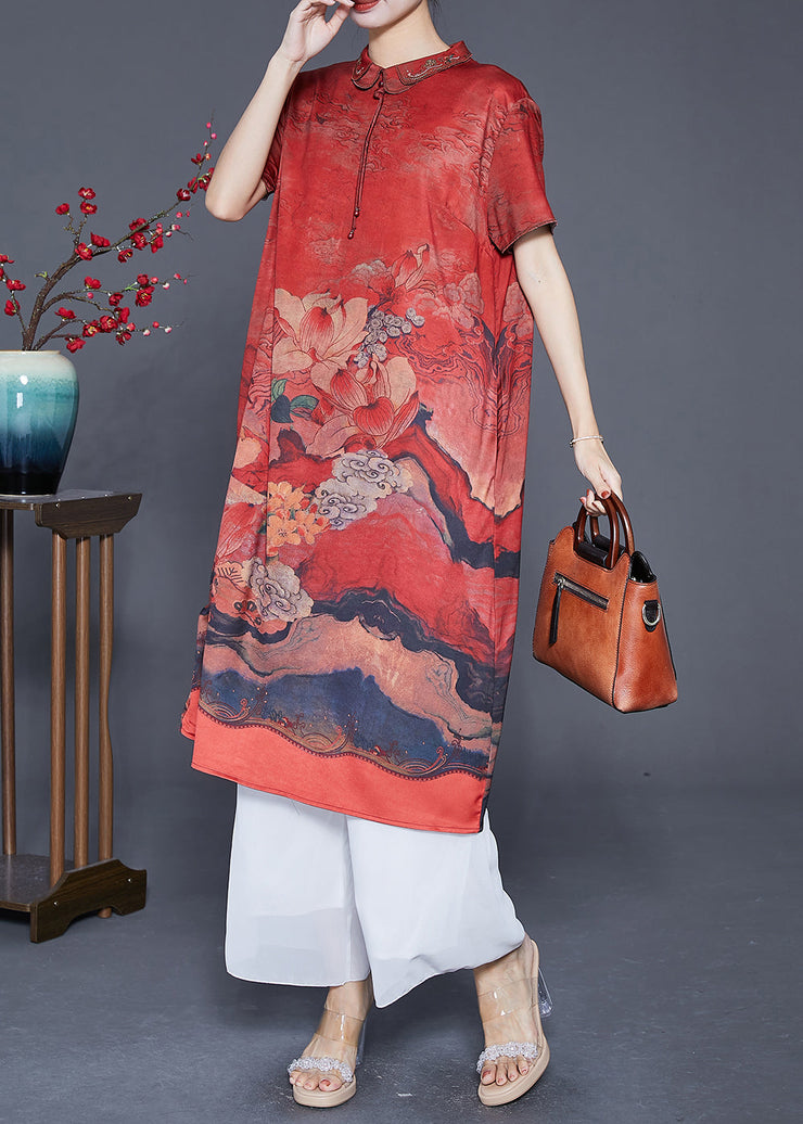 Elegant Red Peter Pan Collar Print Silk Robe Dresses Summer