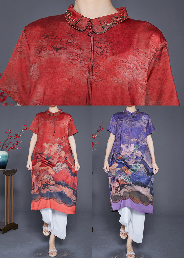 Elegant Red Peter Pan Collar Print Silk Robe Dresses Summer