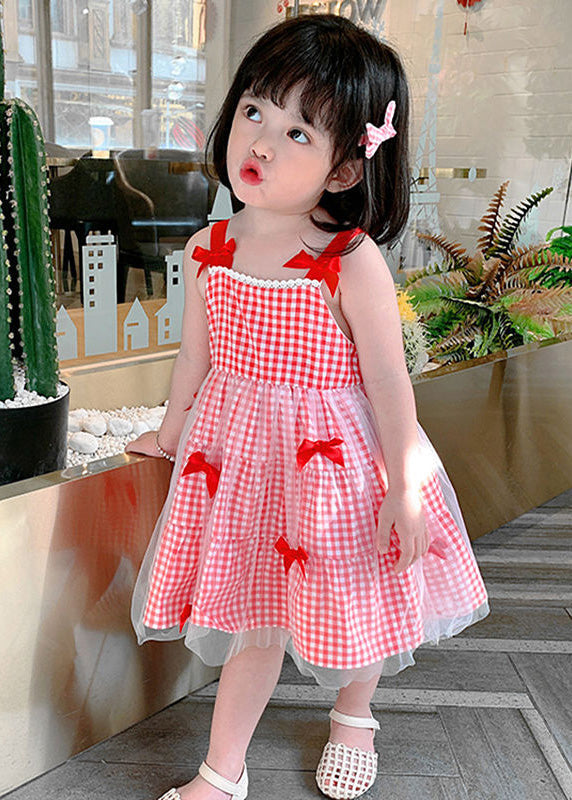 Elegant Red Plaid Patchwork Tulle Kids Slip Long Dress Summer