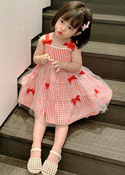 Elegant Red Plaid Patchwork Tulle Kids Slip Long Dress Summer