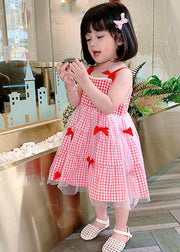 Elegant Red Plaid Patchwork Tulle Kids Slip Long Dress Summer