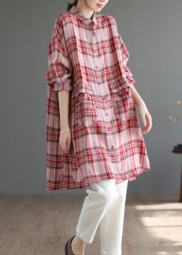 Elegant Red Plaid Peter Pan Collar Linen Blouses Spring