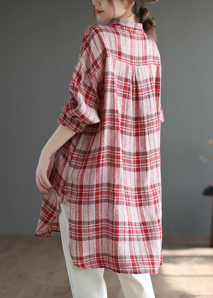 Elegant Red Plaid Peter Pan Collar Linen Blouses Spring