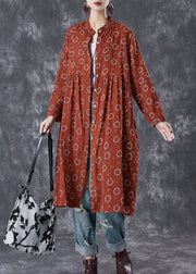 Elegant Red Print Cotton Shirt Dress Fall