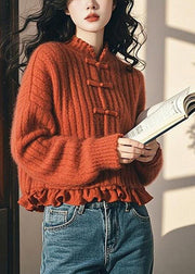 Elegant Red Ruffled Chinese Button Knit Short Sweater Spring