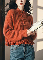 Elegant Red Ruffled Chinese Button Knit Short Sweater Spring