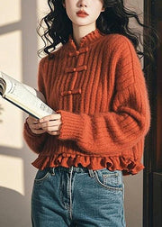 Elegant Red Ruffled Chinese Button Knit Short Sweater Spring