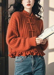 Elegant Red Ruffled Chinese Button Knit Short Sweater Spring