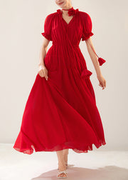 Elegant Red Ruffled Elastic Waist Chiffon Long Dresses Summer