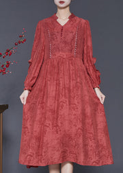 Elegant Red Ruffled Jacquard Cotton Robe Dresses Spring