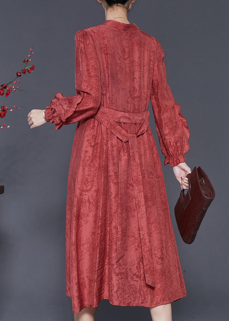 Elegant Red Ruffled Jacquard Cotton Robe Dresses Spring