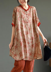 Elegant Red Ruffled Print Patchwork Linen Mid Dress Summer