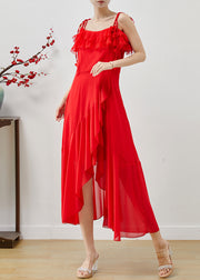 Elegant Red Ruffled Side Open Chiffon Cami Dresses Summer