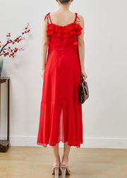 Elegant Red Ruffled Side Open Chiffon Cami Dresses Summer