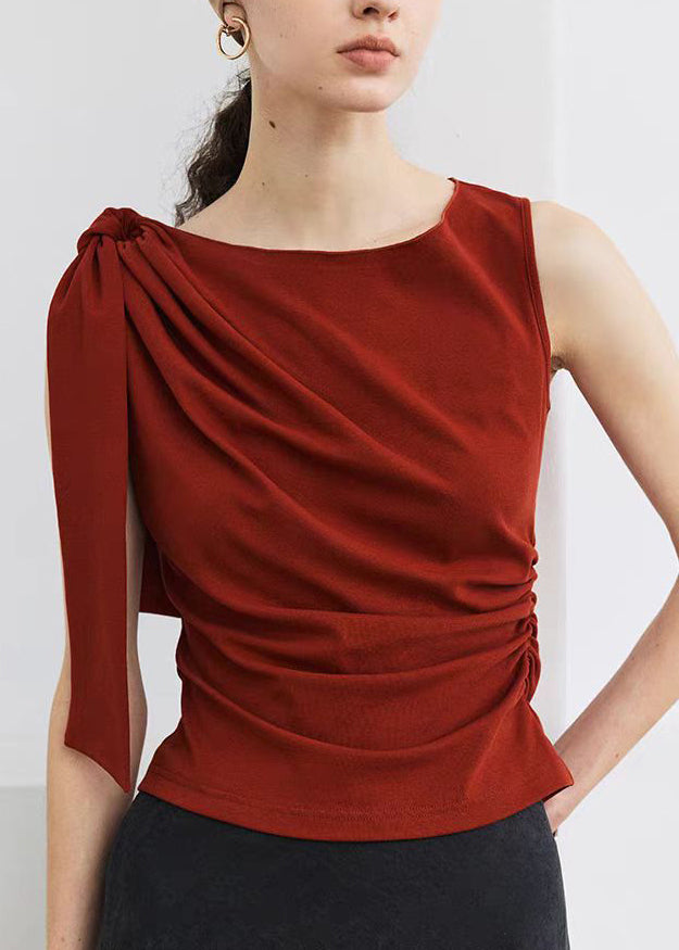 Elegant Red Slash Neck Bow Wrinkled Top Sleeveless