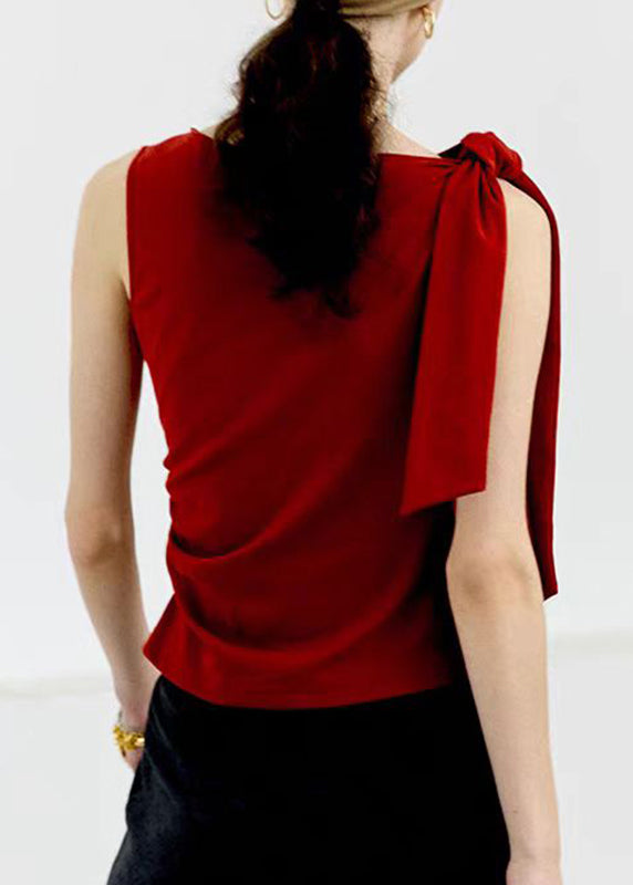 Elegant Red Slash Neck Bow Wrinkled Top Sleeveless