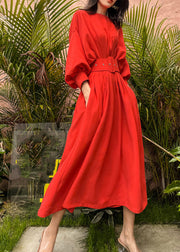 Elegant Red Slash Neck Pockets Sashes Silk Vacation Pleated Dresses Batwing Sleeve